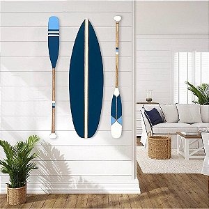 Decoração Praia Kit 1 Prancha + 2 Remos Azul 130cm em Madeira