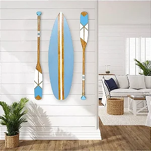 Decoração Praia Kit 1 Prancha + 2 Remos Azul Claro de 130cm em Madeira