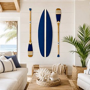 Decoração Praia Kit 1 Prancha + 2 Remos Azul Marinho Listra Branca de 130cm em Madeira