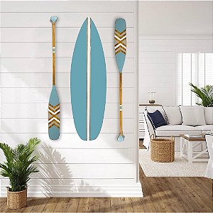 Decoração Praia Kit 1 Prancha + 2 Remos Azul Claro X de 130cm em Madeira