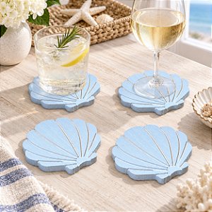 Kit 4 Porta Copos Decorativos Náuticos Conchas Branco em Madeira