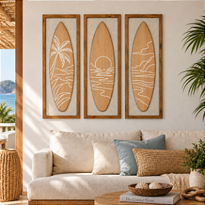 Kit 3 Quadros com Linho Pranchas Marrom e Branco 100x35cm