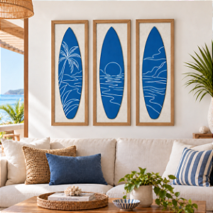 Kit 3 Quadros com Linho Pranchas Azul e Branco 100x35cm