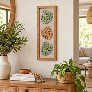 Quadro Decorativo Folhas 59x21 cm em Madeira e Linho