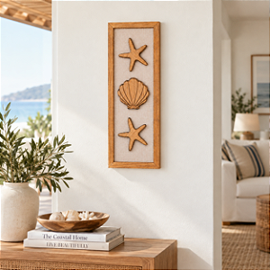 Quadro Decorativo Estrelas e Concha 59x21 cm em Madeira e Linho