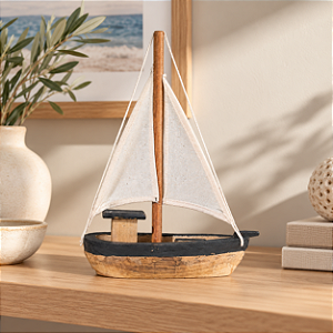 Enfeite Barco Jangada Marrom e Preto 25 cm Decoração Náutica de Mesa