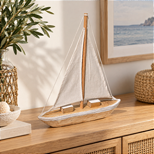 Enfeite Veleiro Marrom e Branco 38 cm Decoração Náutica de Mesa