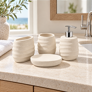 Kit de Banheiro de Cerâmica 4 Peças Ondas Branco Porta Sabonete Líquido /Saboneteira/Porta Escova/Porta algodão
