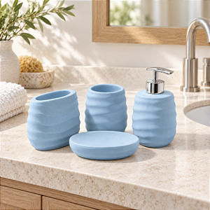Kit de Banheiro de Cerâmica 4 Peças Ondas Azul Claro Porta Sabonete Líquido /Saboneteira/Porta Escova/Porta algodão