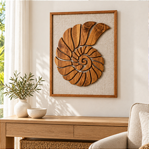 Quadro Concha Marrom em Alto Relevo 64x52 cm em Madeira e Linho