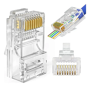 Kit 100 Conector Rj45 Vazado De Passagem Ez Crimp Cat5e Ouro