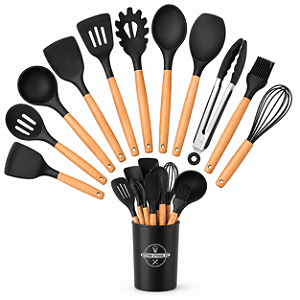 Kit 12 Utensílios De Cozinha Em Silicone E Cabo De Madeira