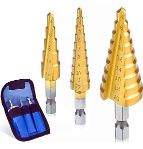 Jogo 3 Brocas Escalonadas 3-12 4-12 4-20 P/ Madeira Aluminio