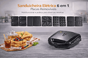 Mini Maquina Grill Sanduicheira Waffle Nozes 6 Em 1 - 110v