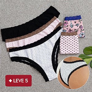 Kit 5 Calcinha De Algodão Tanga Boreale 4 Estampadas 1 Lisa Preta - 35