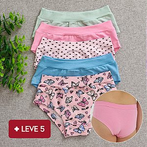 Kit 5 Calcinhas De Algodão confort infantil Lisa e Estampado