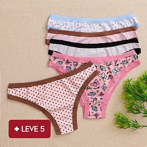 kit 5 Calcinhas De Algodão Tanga Leticia Estampada - 03