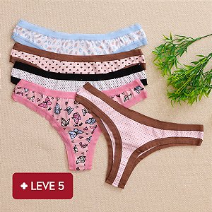 kit 5 Calcinhas Fio Dental de Algodão Encanto Estampada- 07