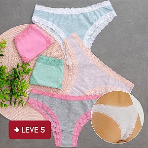 kit 5 Calcinha de Algodão Tanga Renda Boreale 4 Mescla e 1 Lisa - 64