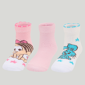 Meia Soquete Bebe Kit 3 Turma da Monica Menina 35