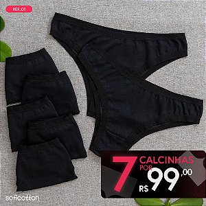 kit Semaninha 7 Calcinhas De Algodão Tanga Leticia Pretas - 01