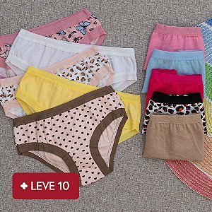 Kit Lili  com 10 Calcinhas de Algodão Infantil sortidas - 5 lisas e 5 estampadas