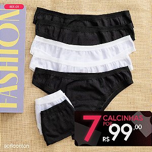 Kit Semaninha 7 Calcinhas De Algodão Tanga Leticia Brancas e Pretas K7-01PB