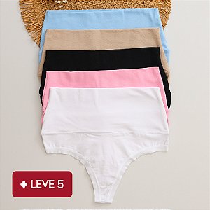 Kit de 5 Calcinhas de Algodão Fio Duplo Alta Cós Duplo e Lateral Dupla K5-76