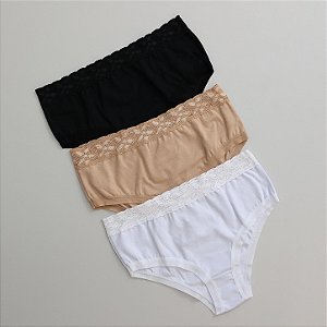 Kit 3 Calcinhas de Algodão Tanga Alta Sofia Preta Branca Chocolate K3-16-PBC
