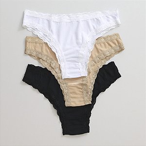 Kit de 3 Calcinhas De Algodão Tanga Boreale Preta Branca Chocolate K3-36-PBC