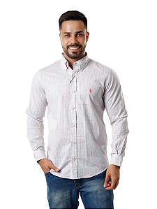 Camisa Ralph Lauren Masculina Slim Fit Stretch Quadriculada Branca e vermelha