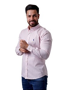 Camisa RL Masculina Custom Fit Listrada Rosa