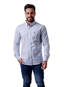 Camisa Ralph Lauren Masculina Custom Fit Listrada Azul
