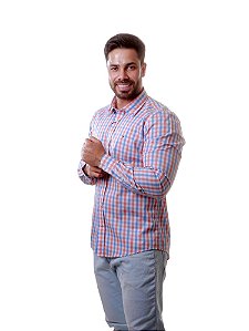 Camisa Tommy Hilfiger Masculina Regular Fit Xadrez Salmão e Azul