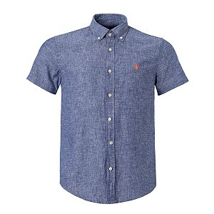 Camisa RL Masculina Manga curta Linho Azul mescla