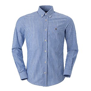Camisa Ralph Lauren Masculina Custom Fit Oxford Listrada Azul