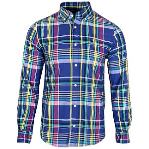 Camisa Ralph Lauren Masculina Custom Fit Xadrez Oxford Azul