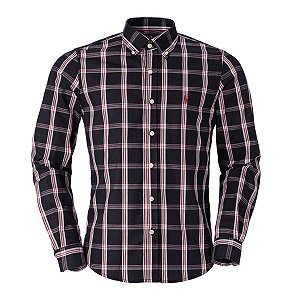 Camisa Ralph Lauren Masculina Custom Fit Xadrez Preta e vermelha