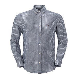 Camisa Ralph Lauren Masculina Custom Fit Oxford Listrada Cinza