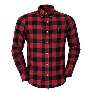 Camisa Ralph Lauren Masculina Custom Fit Flanelada Xadrez Vermelha e preta