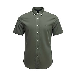 Camisa Tommy Hilfiger Masculina Manga Curta Sarja Verde militar