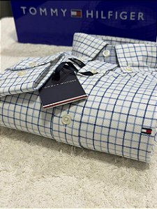 Camisa Tommy Hilfiger Masculina Regular Fit Xadrez Branca e azul