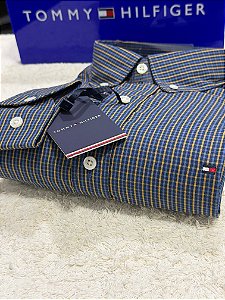 Camisa Tommy Hilfiger Masculina Regular Fit Xadrez Marinho e amarelo
