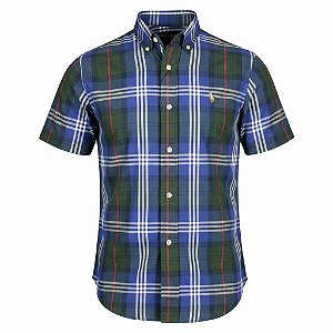 Camisa RL Masculina Manga curta Xadrez Oxford Coloured Azul e verde