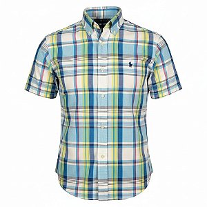 Camisa RL Masculina Manga curta Xadrez Oxford Azul e amarelo