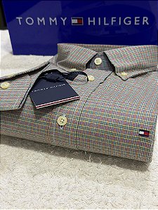 Camisa Tommy Hilfiger Masculina Regular Fit Xadrez Vermelha e laranja