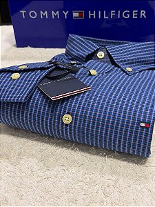 Camisa Tommy Hilfiger Masculina Regular Fit Xadrez Azul Royal e laranja
