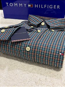 Camisa Tommy Hilfiger Masculina Regular Fit Xadrez Laranja e verde