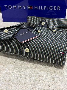 Camisa Tommy Hilfiger Masculina Regular Fit Xadrez Verde e dourada