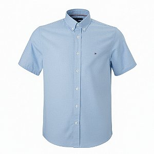 Camisa Tommy Hilfiger Masculina Manga Curta Sarja Azul claro